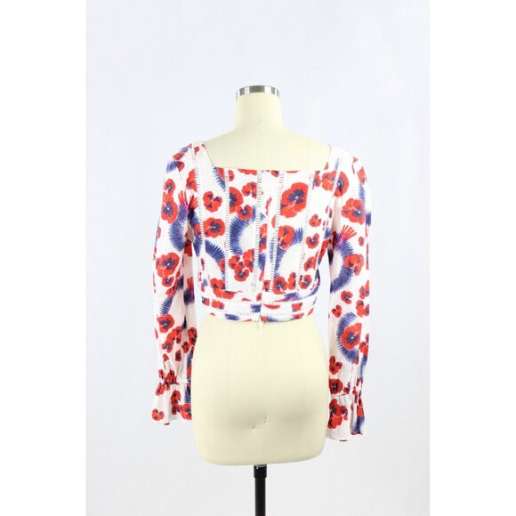 ISOLDA Floral Print Cotton Voile Embroidered Cropped Long Sleeve Blouse, Size 2 - Picture 7 of 16